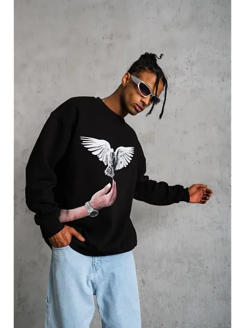 Erkek Güvercin Baskılı 3 İplik Bisiklet Yaka İpamuklu Sweatshirt - Siyah