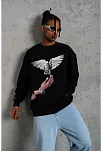 Erkek Güvercin Baskılı 3 İplik Bisiklet Yaka İpamuklu Sweatshirt - Siyah