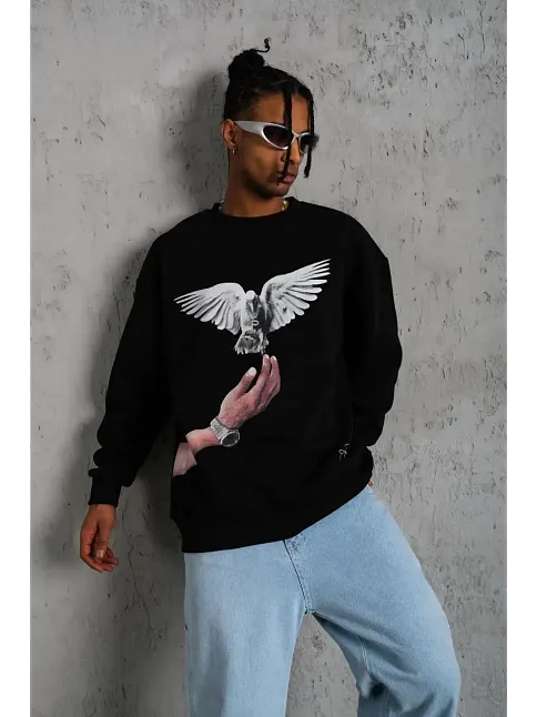 Erkek Güvercin Baskılı 3 İplik Bisiklet Yaka İpamuklu Sweatshirt - Siyah