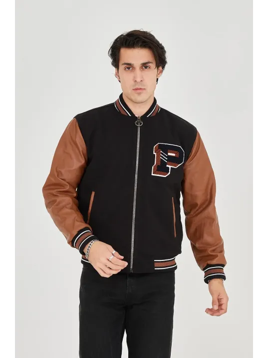 Erkek İçten Elyaf Ve Astarlı Kolları Suni Deri Ceket - Kahverengi