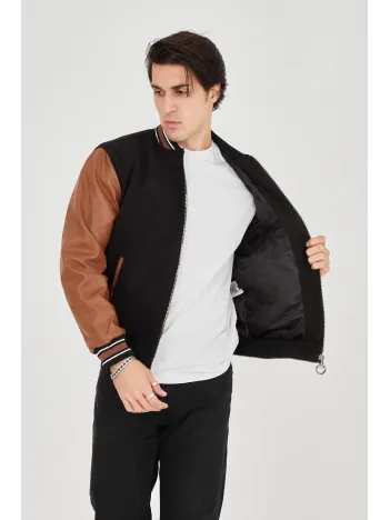 Erkek İçten Elyaf Ve Astarlı Kolları Suni Deri Ceket - Kahverengi