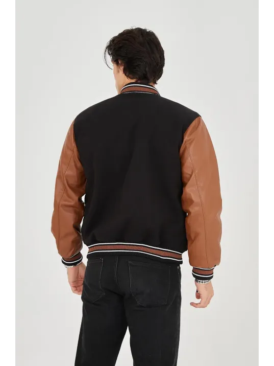 Erkek İçten Elyaf Ve Astarlı Kolları Suni Deri Ceket - Kahverengi