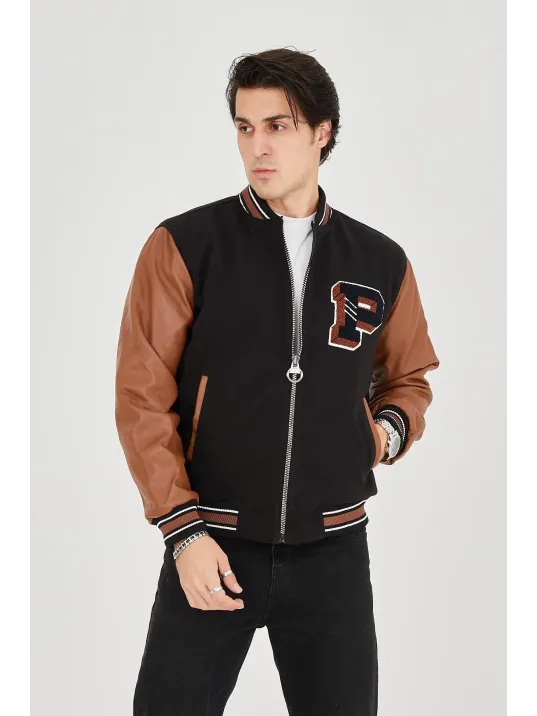 Erkek İçten Elyaf Ve Astarlı Kolları Suni Deri Ceket - Kahverengi