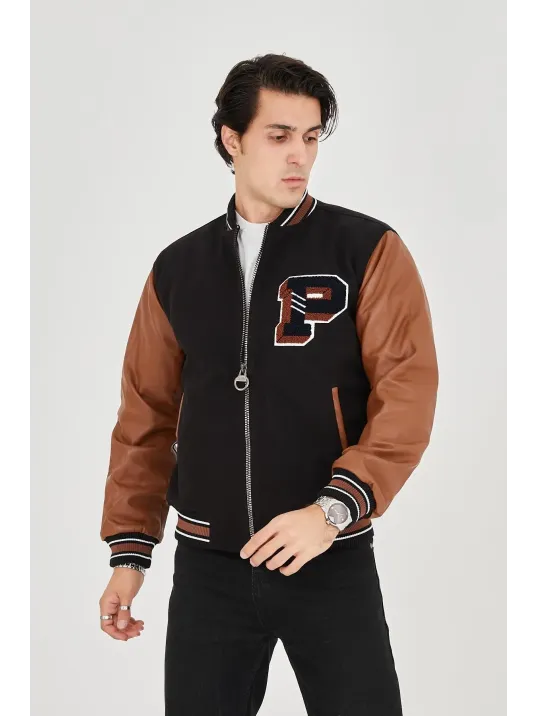 Erkek İçten Elyaf Ve Astarlı Kolları Suni Deri Ceket - Kahverengi