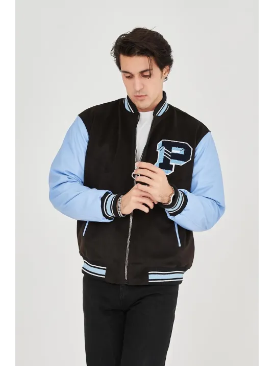 Erkek İçten Elyaf Ve Astarlı Kolları Suni Deri Ceket - Mavi Erkek İçten Elyaf Ve Astarlı Kolları Suni Deri Ceket - Mavi