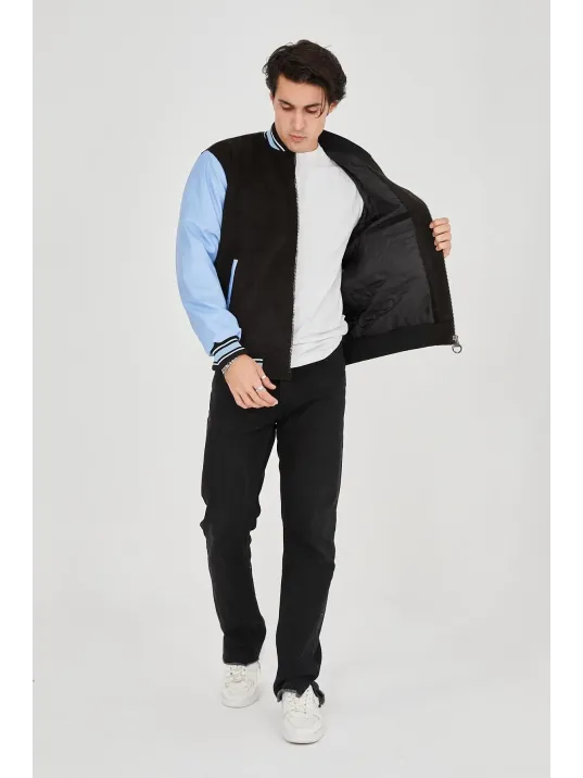 Erkek İçten Elyaf Ve Astarlı Kolları Suni Deri Ceket - Mavi Erkek İçten Elyaf Ve Astarlı Kolları Suni Deri Ceket - Mavi