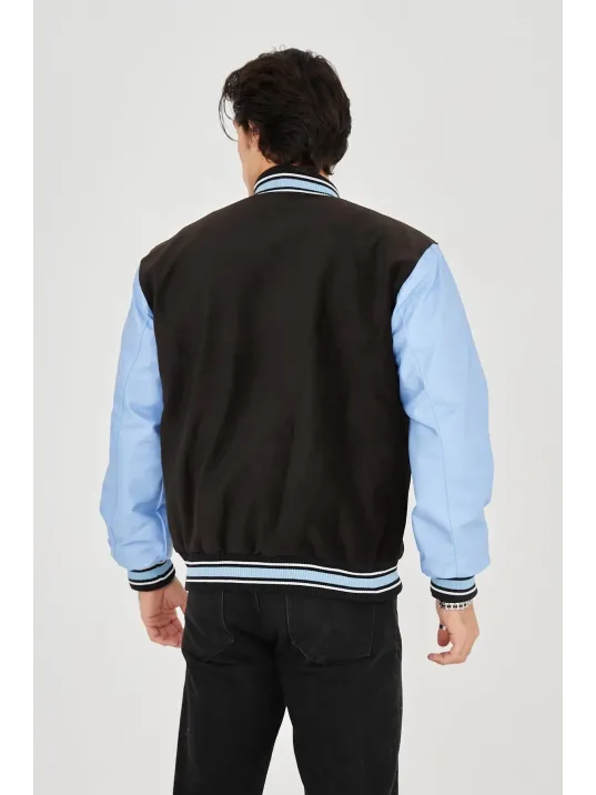 Erkek İçten Elyaf Ve Astarlı Kolları Suni Deri Ceket - Mavi Erkek İçten Elyaf Ve Astarlı Kolları Suni Deri Ceket - Mavi