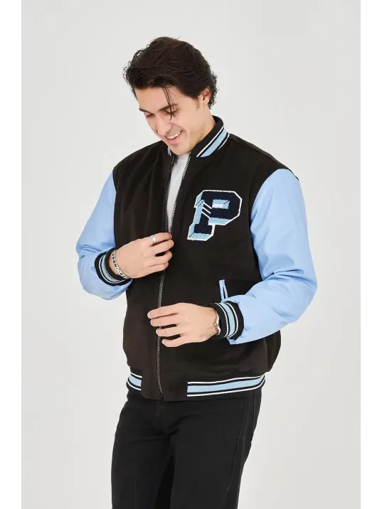 Erkek İçten Elyaf Ve Astarlı Kolları Suni Deri Ceket - Mavi Erkek İçten Elyaf Ve Astarlı Kolları Suni Deri Ceket - Mavi