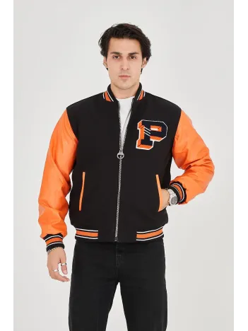Erkek İçten Elyaf Ve Astarlı Kolları Suni Deri Ceket - Turuncu
