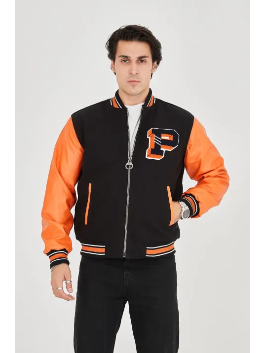 Erkek İçten Elyaf Ve Astarlı Kolları Suni Deri Ceket - Turuncu