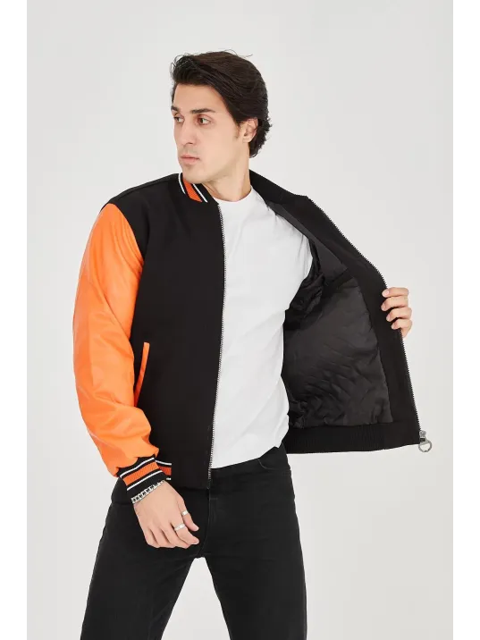Erkek İçten Elyaf Ve Astarlı Kolları Suni Deri Ceket - Turuncu