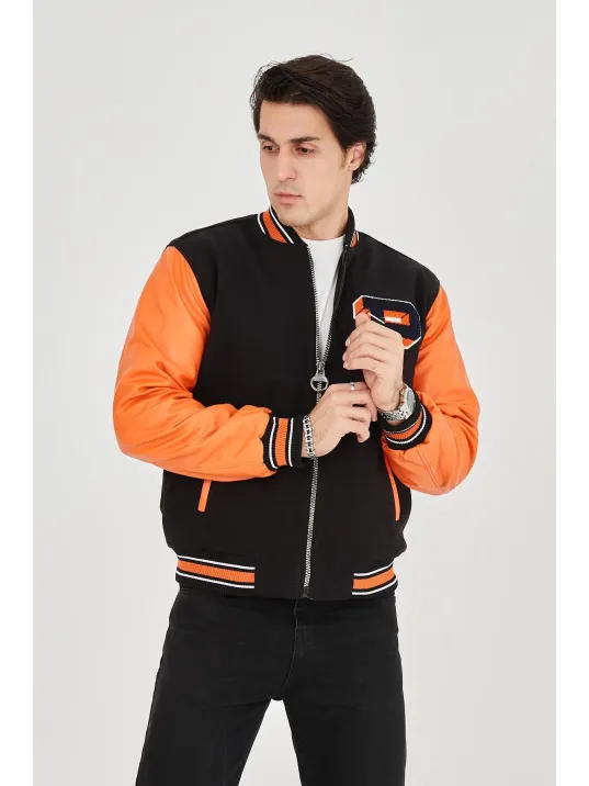 Erkek İçten Elyaf Ve Astarlı Kolları Suni Deri Ceket - Turuncu