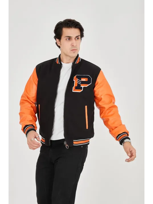 Erkek İçten Elyaf Ve Astarlı Kolları Suni Deri Ceket - Turuncu