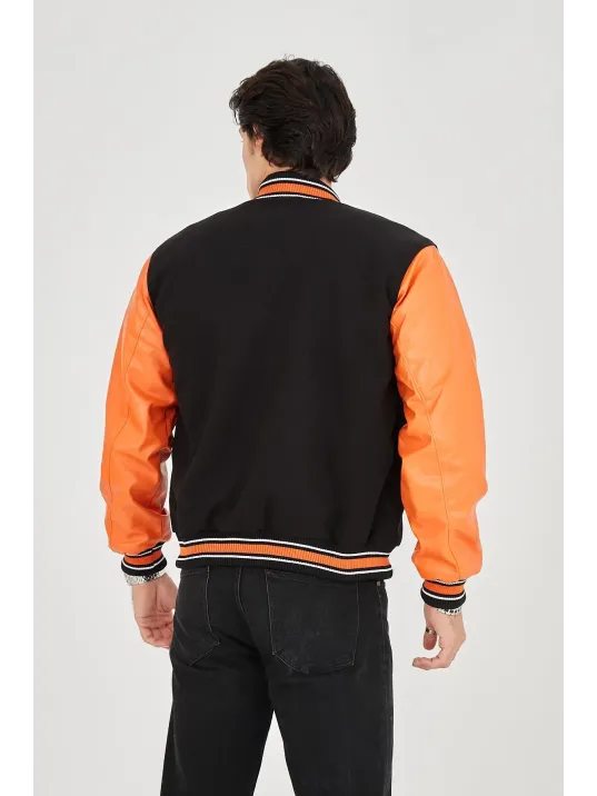 Erkek İçten Elyaf Ve Astarlı Kolları Suni Deri Ceket - Turuncu