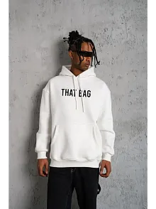 Erkek 3 İplik Pamuklu Kapüşonlu Baskılı Cepli Oversize Sweatshirt Hoodie - Beyaz