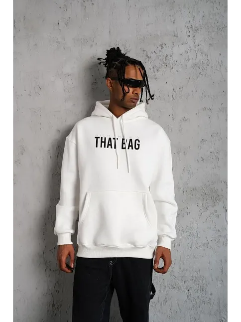 Erkek 3 İplik Pamuklu Kapüşonlu Baskılı Cepli Oversize Sweatshirt Hoodie - Beyaz