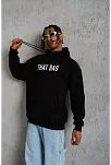 Erkek 3 İplik Pamuklu Kapüşonlu Baskılı Cepli Oversize Sweatshirt Hoodie - Siyah