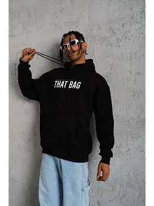 Erkek 3 İplik Pamuklu Kapüşonlu Baskılı Cepli Oversize Sweatshirt Hoodie - Siyah