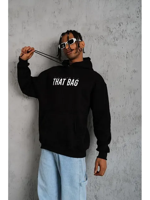Erkek 3 İplik Pamuklu Kapüşonlu Baskılı Cepli Oversize Sweatshirt Hoodie - Siyah