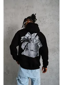 Erkek 3 İplik Pamuklu Kapüşonlu Baskılı Cepli Oversize Sweatshirt Hoodie - Siyah
