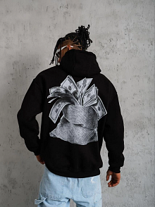 Erkek 3 İplik Pamuklu Kapüşonlu Baskılı Cepli Oversize Sweatshirt Hoodie - Siyah
