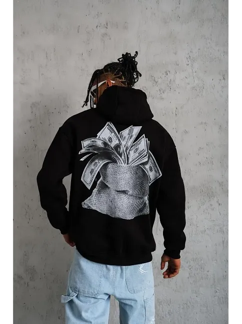 Erkek 3 İplik Pamuklu Kapüşonlu Baskılı Cepli Oversize Sweatshirt Hoodie - Siyah