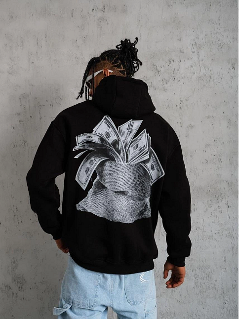 Erkek 3 İplik Pamuklu Kapüşonlu Baskılı Cepli Oversize Sweatshirt Hoodie - Siyah