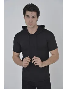 Kadın Kapüşonlu T-shirt Kısa Kol Bisiklet Yaka Slimfit Tişört    - Siyah