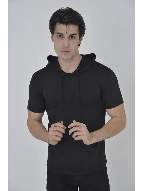 Kadın Kapüşonlu T-shirt Kısa Kol Bisiklet Yaka Slimfit Tişört    - Siyah