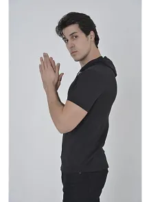 Kadın Kapüşonlu T-shirt Kısa Kol Bisiklet Yaka Slimfit Tişört    - Siyah