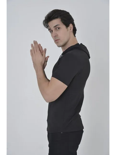 Kadın Kapüşonlu T-shirt Kısa Kol Bisiklet Yaka Slimfit Tişört    - Siyah
