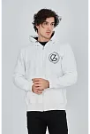 Erkek 3 İplik Pamuklu Fermuarlı Kapüşonlu Kanguru Cepli Baskılı Hoodie Hırka Sweatshirt - Beyaz