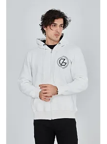 Erkek 3 İplik Pamuklu Fermuarlı Kapüşonlu Kanguru Cepli Baskılı Hoodie Hırka Sweatshirt - Beyaz