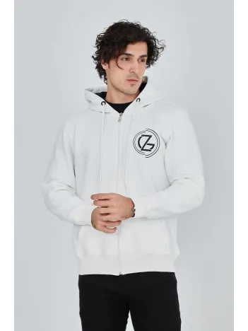 Erkek 3 İplik Pamuklu Fermuarlı Kapüşonlu Kanguru Cepli Baskılı Hoodie Hırka Sweatshirt - Beyaz