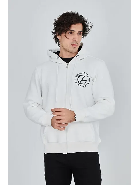 Erkek 3 İplik Pamuklu Fermuarlı Kapüşonlu Kanguru Cepli Baskılı Hoodie Hırka Sweatshirt - Beyaz