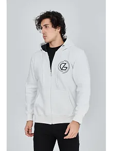 Erkek 3 İplik Pamuklu Fermuarlı Kapüşonlu Kanguru Cepli Baskılı Hoodie Hırka Sweatshirt - Beyaz