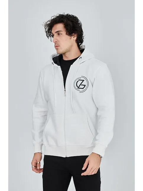 Erkek 3 İplik Pamuklu Fermuarlı Kapüşonlu Kanguru Cepli Baskılı Hoodie Hırka Sweatshirt - Beyaz