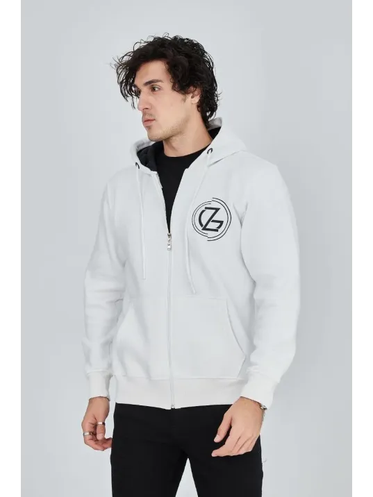 Erkek 3 İplik Pamuklu Fermuarlı Kapüşonlu Kanguru Cepli Baskılı Hoodie Hırka Sweatshirt - Beyaz Erkek 3 İplik Pamuklu Fermuarlı Kapüşonlu Kanguru Cepli Baskılı Hoodie Hırka Sweatshirt - Beyaz