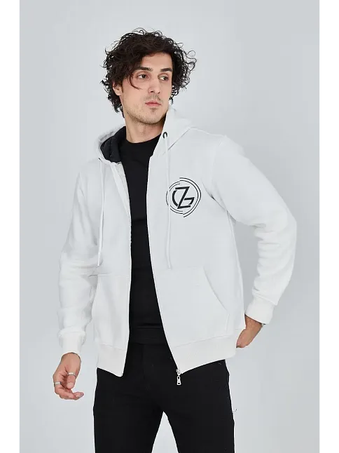 Erkek 3 İplik Pamuklu Fermuarlı Kapüşonlu Kanguru Cepli Baskılı Hoodie Hırka Sweatshirt - Beyaz