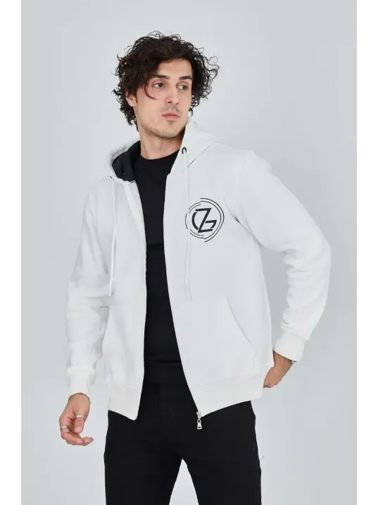 Erkek 3 İplik Pamuklu Fermuarlı Kapüşonlu Kanguru Cepli Baskılı Hoodie Hırka Sweatshirt - Beyaz Erkek 3 İplik Pamuklu Fermuarlı Kapüşonlu Kanguru Cepli Baskılı Hoodie Hırka Sweatshirt - Beyaz