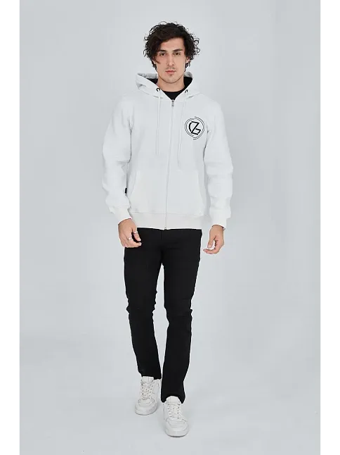Erkek 3 İplik Pamuklu Fermuarlı Kapüşonlu Kanguru Cepli Baskılı Hoodie Hırka Sweatshirt - Beyaz