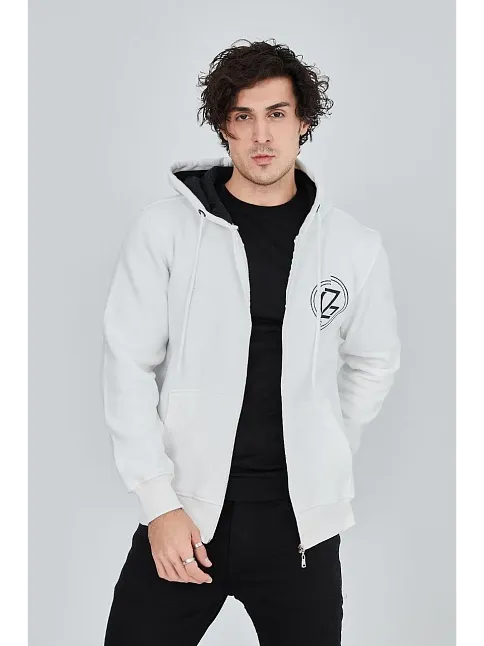 Erkek 3 İplik Pamuklu Fermuarlı Kapüşonlu Kanguru Cepli Baskılı Hoodie Hırka Sweatshirt - Beyaz