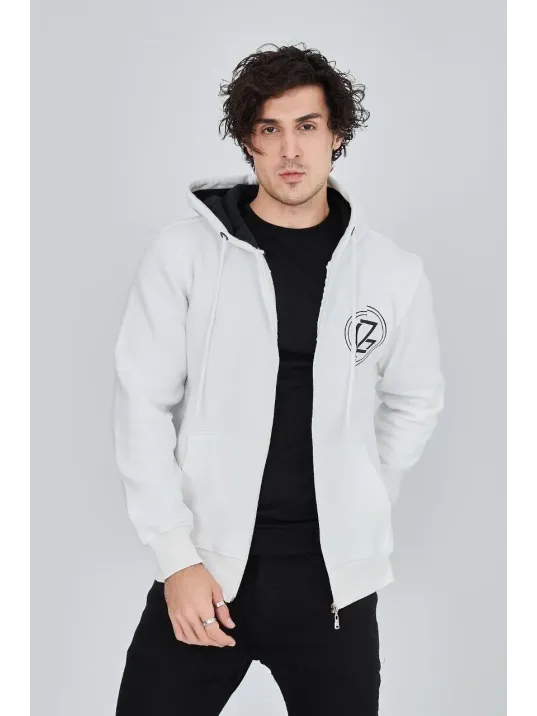 Erkek 3 İplik Pamuklu Fermuarlı Kapüşonlu Kanguru Cepli Baskılı Hoodie Hırka Sweatshirt - Beyaz Erkek 3 İplik Pamuklu Fermuarlı Kapüşonlu Kanguru Cepli Baskılı Hoodie Hırka Sweatshirt - Beyaz