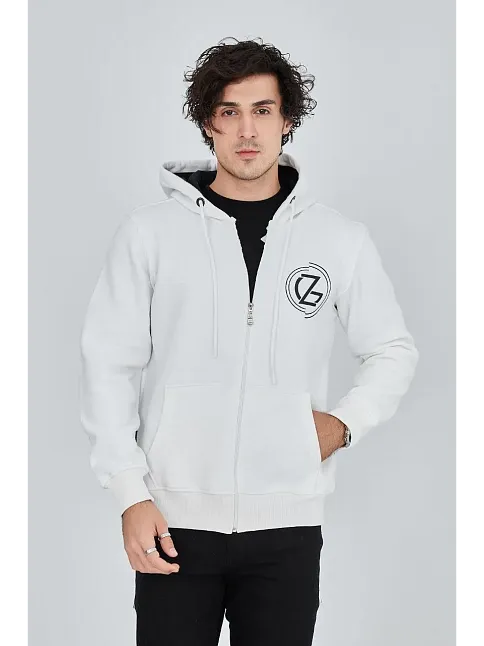Erkek 3 İplik Pamuklu Fermuarlı Kapüşonlu Kanguru Cepli Baskılı Hoodie Hırka Sweatshirt - Beyaz
