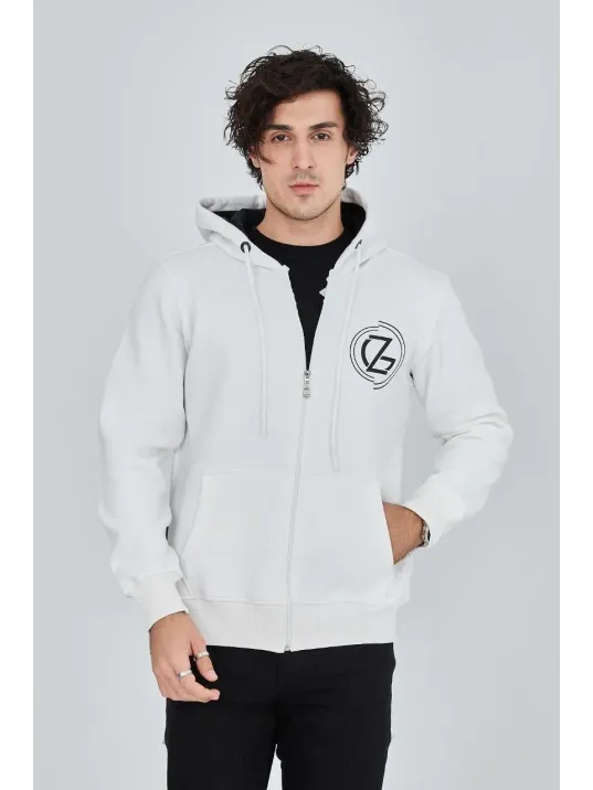 Erkek 3 İplik Pamuklu Fermuarlı Kapüşonlu Kanguru Cepli Baskılı Hoodie Hırka Sweatshirt - Beyaz Erkek 3 İplik Pamuklu Fermuarlı Kapüşonlu Kanguru Cepli Baskılı Hoodie Hırka Sweatshirt - Beyaz