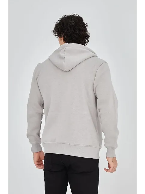 Erkek 3 İplik Pamuklu Fermuarlı Kapüşonlu Kanguru Cepli Baskılı Hoodie Hırka Sweatshirt - Boyalı Gri