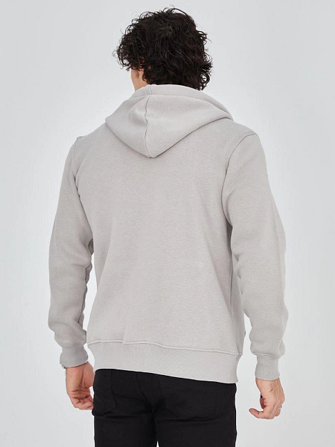Erkek 3 İplik Pamuklu Fermuarlı Kapüşonlu Kanguru Cepli Baskılı Hoodie Hırka Sweatshirt - Boyalı Gri
