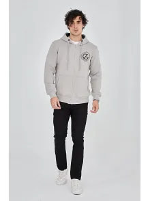 Erkek 3 İplik Pamuklu Fermuarlı Kapüşonlu Kanguru Cepli Baskılı Hoodie Hırka Sweatshirt - Boyalı Gri