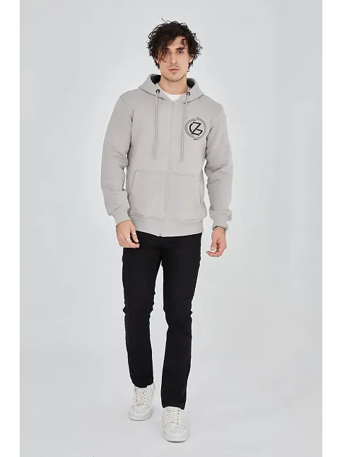 Erkek 3 İplik Pamuklu Fermuarlı Kapüşonlu Kanguru Cepli Baskılı Hoodie Hırka Sweatshirt - Boyalı Gri