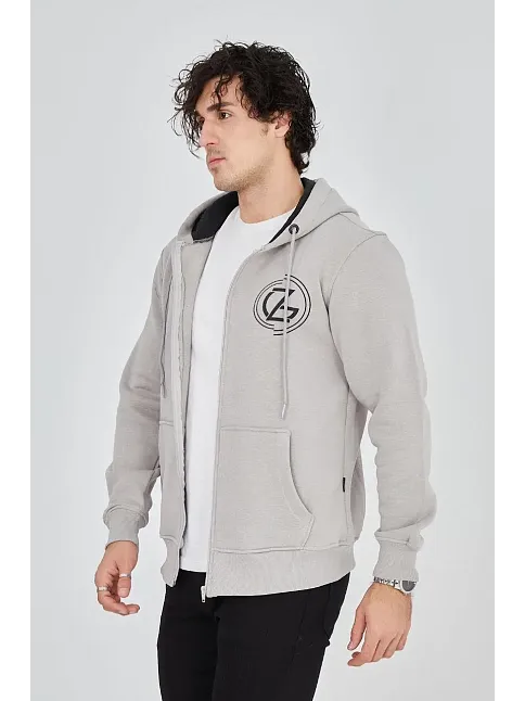 Erkek 3 İplik Pamuklu Fermuarlı Kapüşonlu Kanguru Cepli Baskılı Hoodie Hırka Sweatshirt - Boyalı Gri